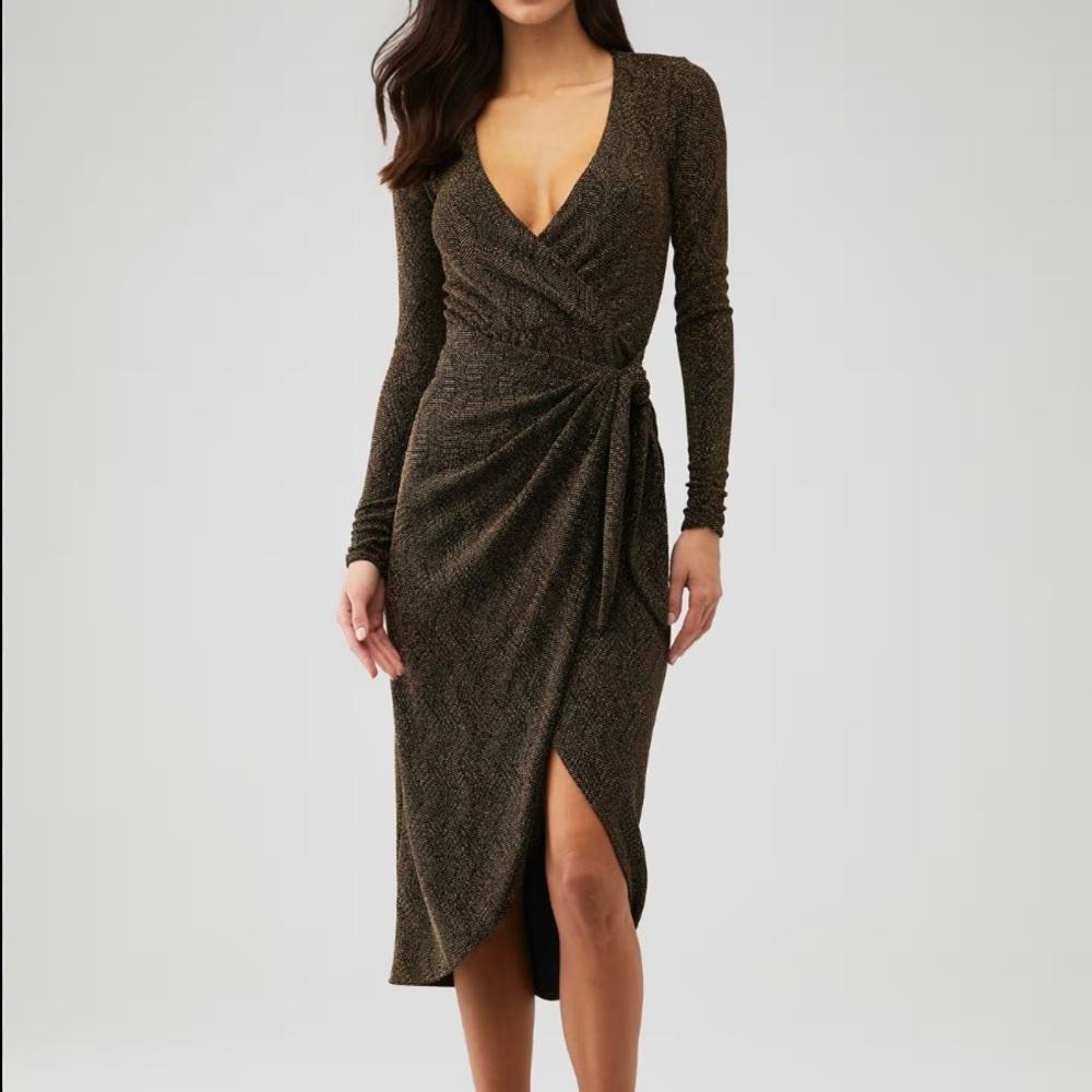 NWT Show Me Your MuMu Kimora Wrap Squiggle Gold Midi Dress Women’s Sz XS